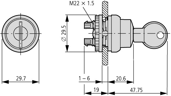 217440 Переключатель с ключом, 2х позиционны, с фиксацией (M22-WRS-MS*-A1)